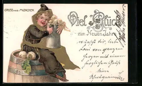 Lithographie Münchner Kindl mit grossem Bierkrug