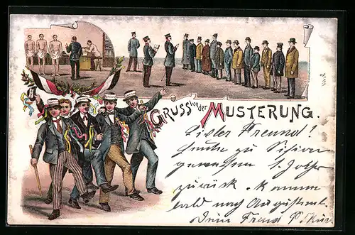 Lithographie Gruss von der Musterung, Feiernde Rekruten, Inspektion