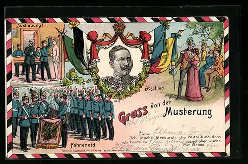 Künstler-AK Gruss von der Musterung, Fahneneid, Abschied, Aushebung