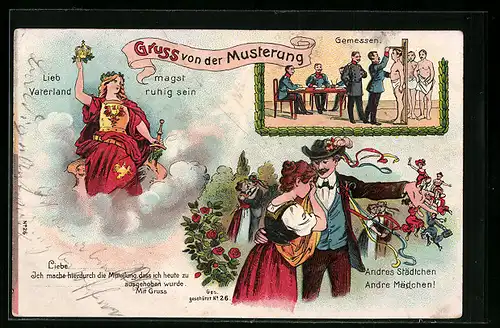 AK Gruss von der Musterung, Rekruten mit ihrer Geliebten, Germania mit Schwert, Männer bei der Musterung