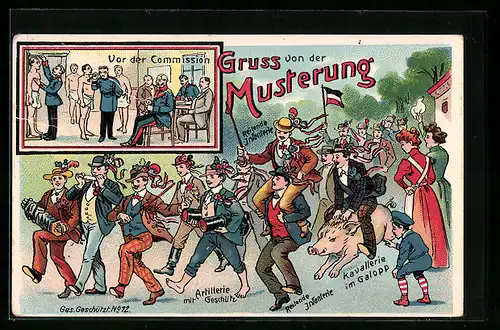 Künstler-AK Gruss von der Musterung, Männer feiern ihre Einberufung