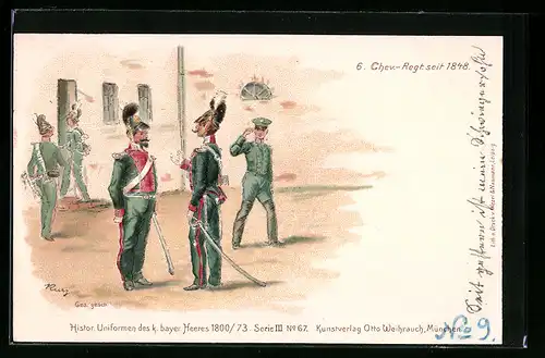 Lithographie Histor. Uniformen des k. bayer. Heeres 1800 /73, 6. Chev.-Regt. seit 1848