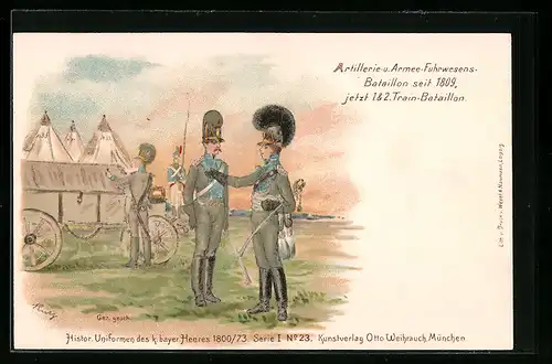 Lithographie Soldaten Bayerisches Heer, Artillerie & Armee-Fuhrwesens-Bat. seit 1809, jetzt 1. & 2. Train-Bataillon
