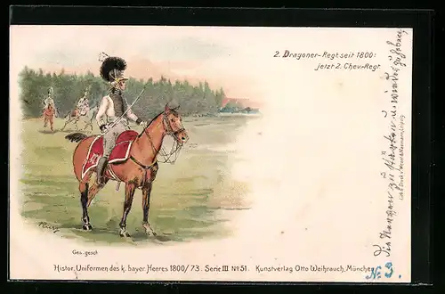 Künstler-AK Soldaten des 2. Dragoner-Regt. seit 1800