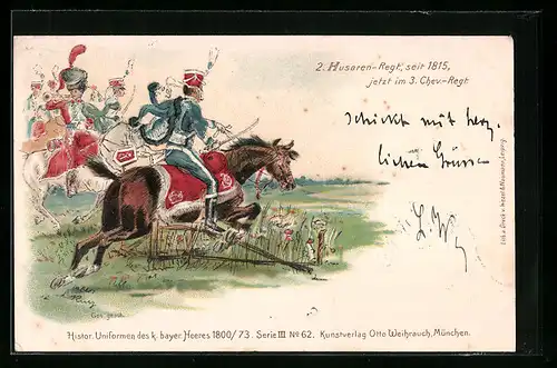 Lithographie Histor. Uniformen des k. bayer. Heeres 1800 /73, 2. Husaren-Regiment, jetzt 3. Chev.-Regiment