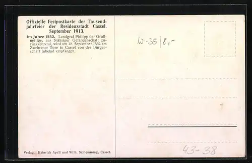 Künstler-AK Kassel, Tausendjahrfeier 1913, Landgraf Philipp kehrt aus 5 jähriger Gefangenschaft zurück