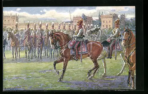 Künstler-AK Kassel, Tausendjahrfeier 1913, Kavalleristen der Kurhessischen Garde du Corps auf dem Bowlinggreen 1913