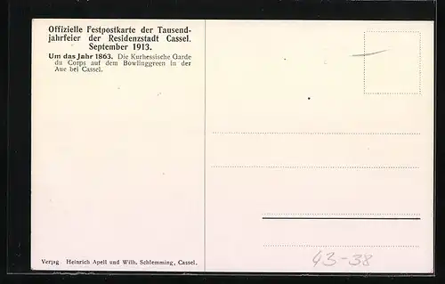Künstler-AK Kassel, Tausendjahrfeier 1913, Kavalleristen der Kurhessischen Garde du Corps auf dem Bowlinggreen 1913