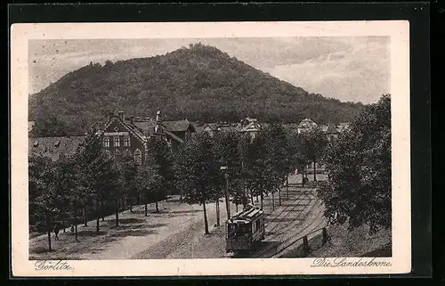 AK Görlitz, Gasthaus Landeskrone und Strassenbahn