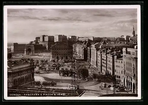 AK Genova, Panorama e Piazza G. Verdi, Strassenbahnen