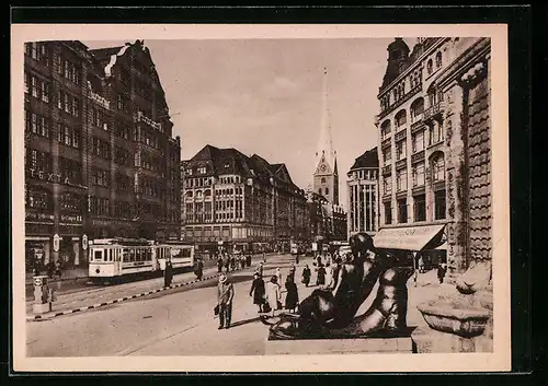 AK Hamburg, Strassenbahnen in der Mönckebergstrasse