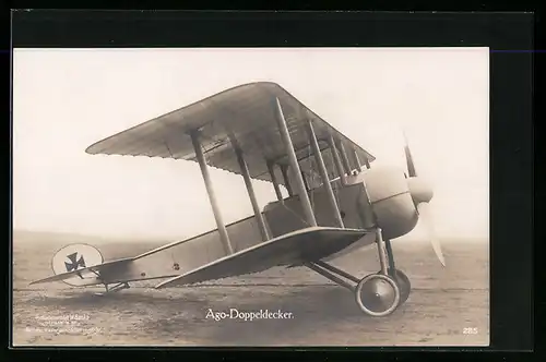 AK Sanke Nr. 285 Flugzeug Ago-Doppeldecker auf der Landebahn