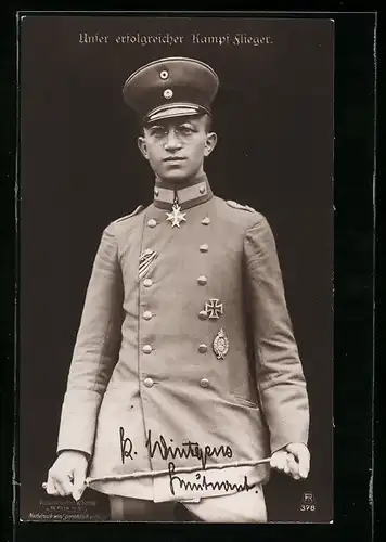 Foto-AK Sanke Nr. 378: Flieger Leutnant Kurt Wintgens in Uniforn mit Eisernem Kreuz