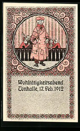 Künstler-AK Zürich, Wohltätigkeitsabend 17.02.1912 in der Tonhalle, Bedürftiger und Jazz-Band