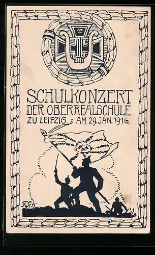 Künstler-AK Leipzig, Schulkonzert der Oberrealschule am 29.01.1916, Soldat mit Fahne