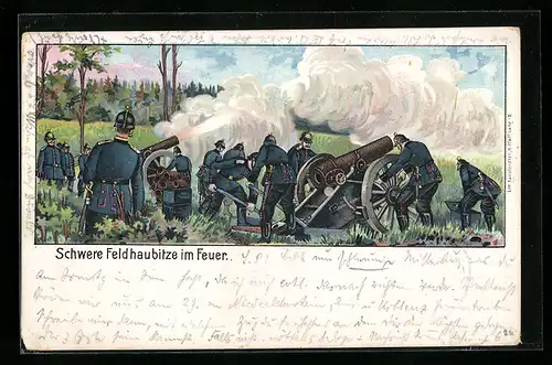 Künstler-AK Schwere Feldhaubitze im Feuer