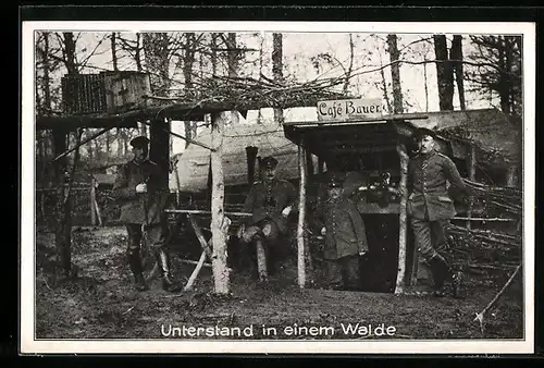 AK Soldaten am Unterstand in einem Wald mit dem Schild Café Bauer