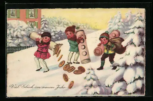AK Kinder schleppen Geldmünzen und Säcke durch den Schnee, frohes Neujahr