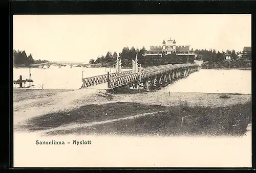 AK Savonlinna, Uferpartie mit Brücke