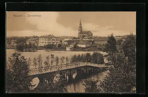 AK Savonlinna, Ortsansicht mit Brücke und Kirche