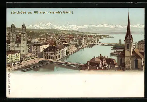 Lithographie Zürich, Totale des Ortes mit Glärnisch