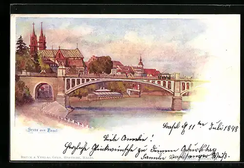AK Basel, Teilansicht mit Brücke und Strassenbahn