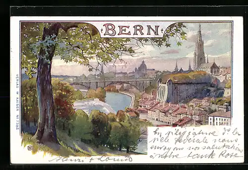 Künstler-AK Bern, Ortspartie mit Gewässer