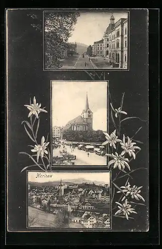 AK Herisau, Marktplatz und Kirche, Strassenansicht, Panorama