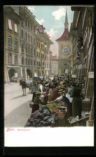 AK Bern, Marktgasse am Markttag mit Blick zum Zeitglockenturm