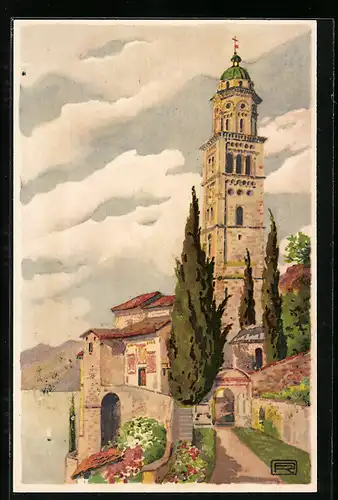 Künstler-AK Morcote, Chiesa, Kirche mit Blick auf den Luganer See