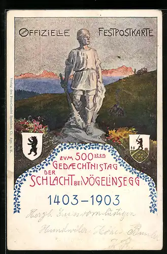 Künstler-AK Vögelinsegg, 500. Gedächtnistag 1903 der Schlacht von 1403 bei Vögelinsegg, Festpostkarte