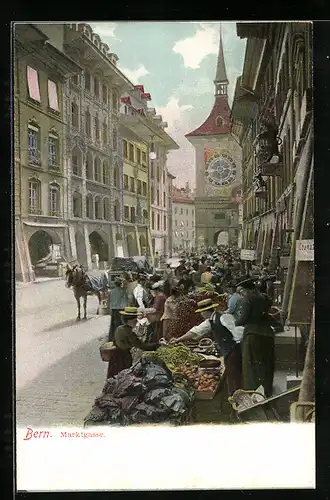 AK Bern, Marktgasse am Markttag mit Blick zum Zeitglockenturm