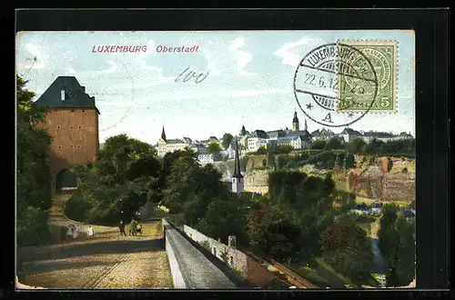 AK Luxemburg, Oberstadt mit Tor und Kirchturm