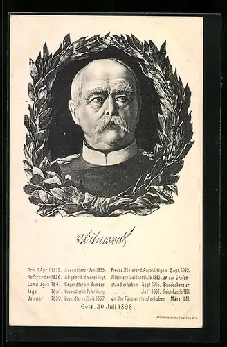 AK Portrait von Bismarck, Lorbeerkranz