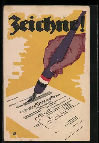 AK Zeichne! 5 % Deutsche Reichsanleihe, Schreibfeder