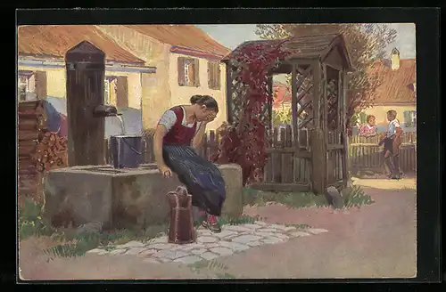 Künstler-AK Paul Hey: Volksliederkarte Nr.34: Junge Frau sitzt weinend am Brunnen