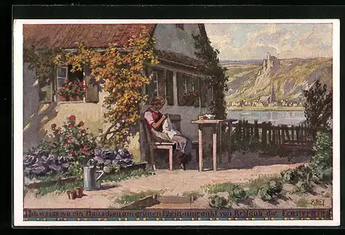 Künstler-AK P. Hey: Frau sitzt stickend vor ihrem Haus