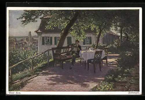 Künstler-AK Paul Hey: Herr sitzt lesend auf einer Bank am gedeckten Tisch