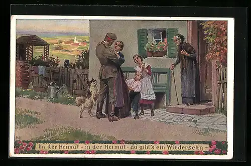 Künstler-AK P. Hey: Frau begrüsst ihren heimgekehrten Mann