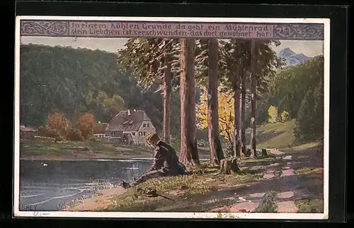 Künstler-AK Paul Hey: Wanderer sitzt bei einer Mühle am See