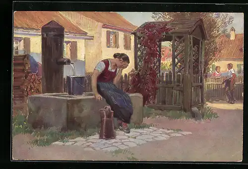 Künstler-AK Paul Hey: Volksliedkarte Nr. 34 Jetzt geh i ans Brünnele