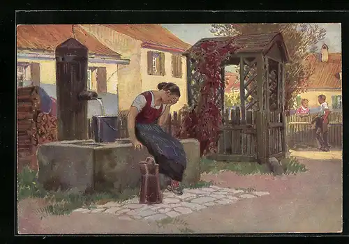 Künstler-AK Paul Hey: Volksliederkarte Nr.34: Junge Frau sitzt weinend am Brunnen