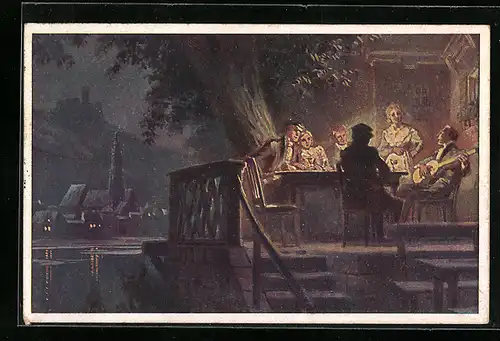 Künstler-AK Paul Hey: Familie sitzt am Abend gemütlich bei Musik zusammen
