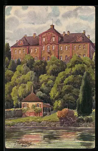 Künstler-AK Vinzenz Marschall: Insel Mainau im Bodensee, Blick vom Ufer hinauf zum Schloss