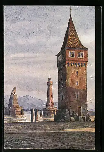 Künstler-AK J. Marschall: Lindau, Mangenturm und Hafen-Einfahrt