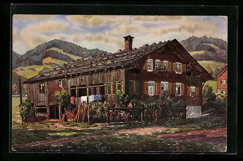 Künstler-AK Vinzenz Marschall: Bregenz, Bregenzerwaldhaus vor Bergpanorama