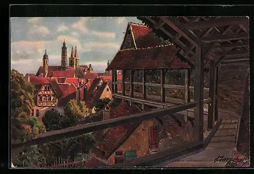 Künstler-AK Vinzenz Marschall: Rothenburg ob der Tauber, Blick vom Wehrgang auf Rathaus und Jakobikirche