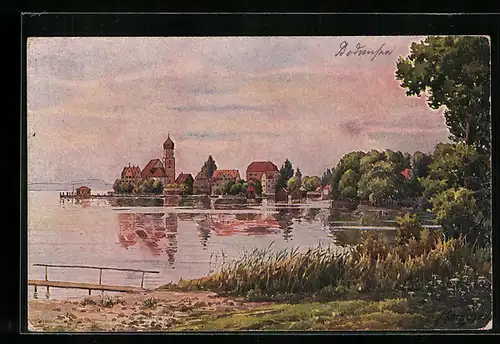 Künstler-AK Vinzenz Marschall: Wasserburg am Bodensee, Blick vom Ufer zum Ort und zum Kirchturm