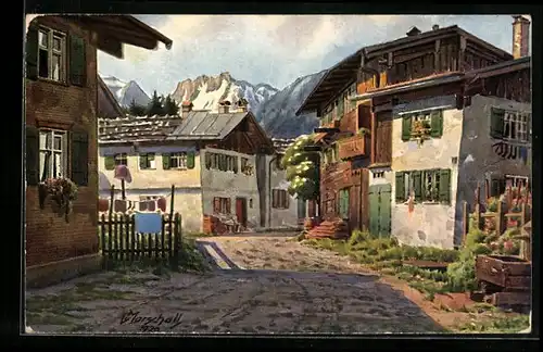 Künstler-AK Vinzenz Marschall: Oberstdorf, Häuser in der Rechbergstrasse