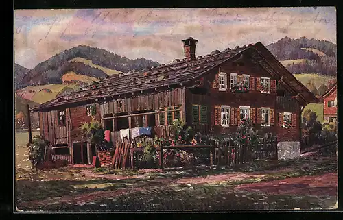 Künstler-AK Vinzenz Marschall: Bregenz, Bregenzerwaldhaus mit Bergen